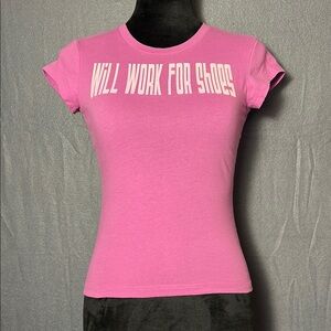 👚Vintage Aeropostale Fitted Cap Sleeve Baby Tee, Pink, "Will Work For Shoes" XS